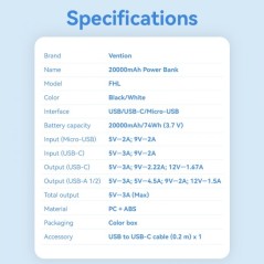 Powerbank 20000mAh Vention 22.5W USB (C+A+A) con Pantalla LED - Color Negro