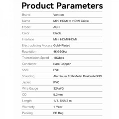 Cable HDMI Macho a Mini HDMI Macho 2.0 4K Vention - 3m - Color Negro