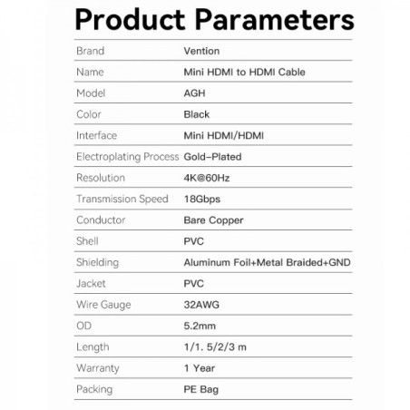 Cable HDMI Macho a Mini HDMI Macho 2.0 4K Vention - 3m - Color Negro