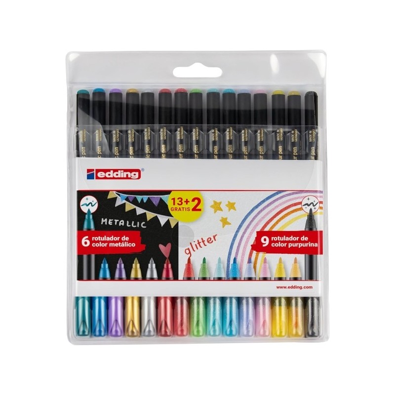 15 Rotuladores Metallic and Glitter Edding 1200 - Trazo Metallic 1-3mm, Glitter 3mm - Tinta con Base de Agua 15 Rotuladores Metallic and Glitter Edding 1200 - Trazo Metallic 1-3mm, Glitter 3mm - Tinta con Base de Agua