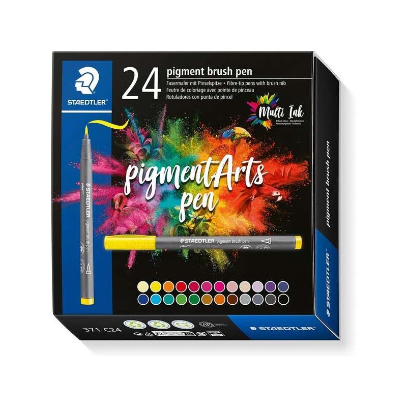 Pack de 24 Rotuladores Staedtler 371 Punta de Pincel Suave - Colores Vivos y Brillantes - Primera Calidad