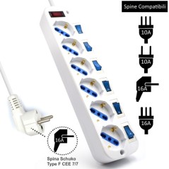 Regleta 6 Enchufes Schuko - 16A con interruptores - 3m - Blanca