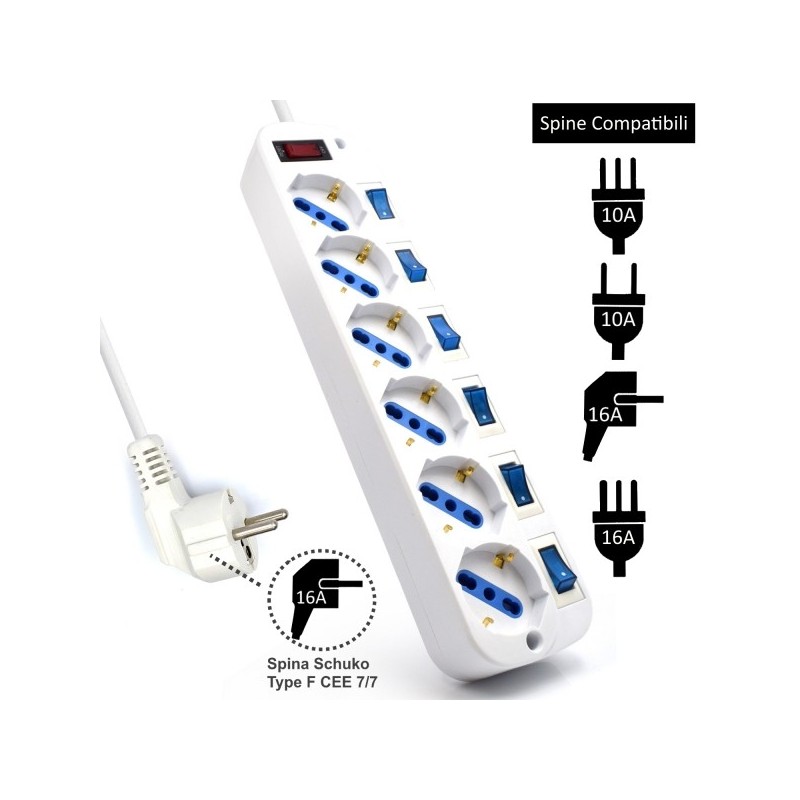 Regleta 6 Enchufes Schuko - 16A con interruptores - 3m - Blanca Regleta 6 Enchufes Schuko - 16A con interruptores - 3m - Blanca