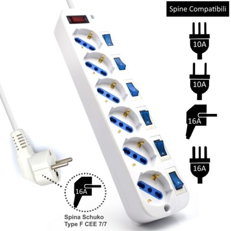 Regleta 6 Enchufes Schuko - 16A con interruptores - 3m - Blanca