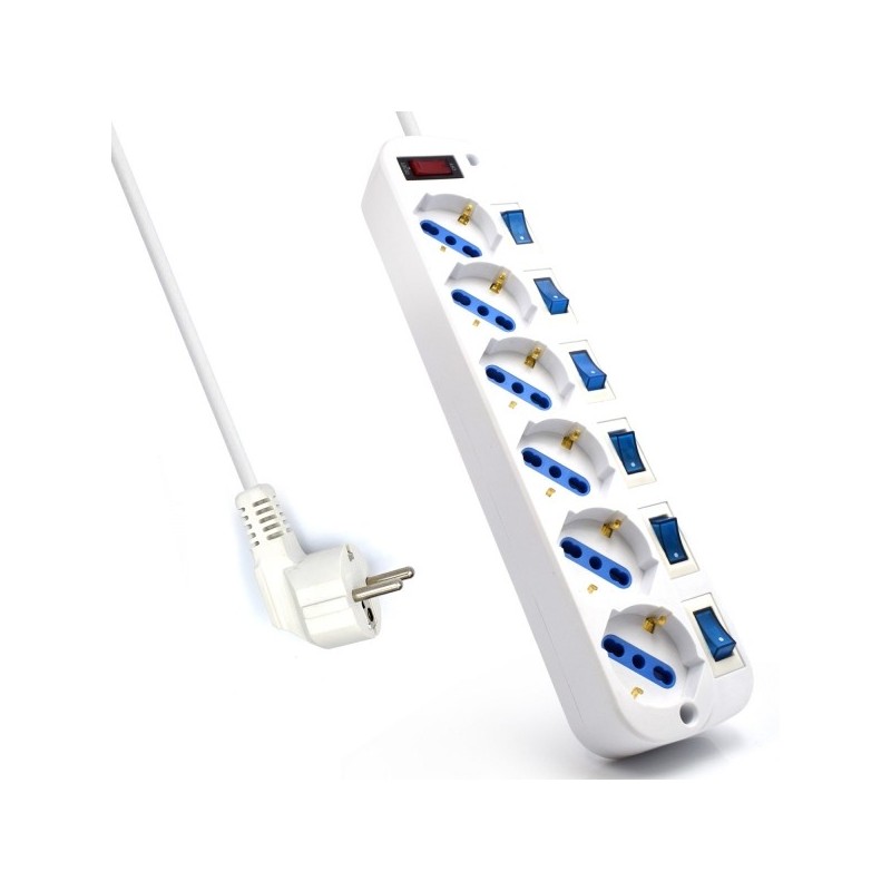 Regleta 6 Enchufes Schuko - 16A con interruptores - 3m - Blanca