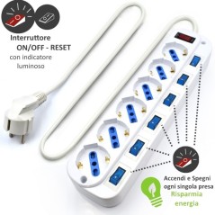 Regleta 6 Enchufes Schuko - 16A con interruptores - 3m - Blanca