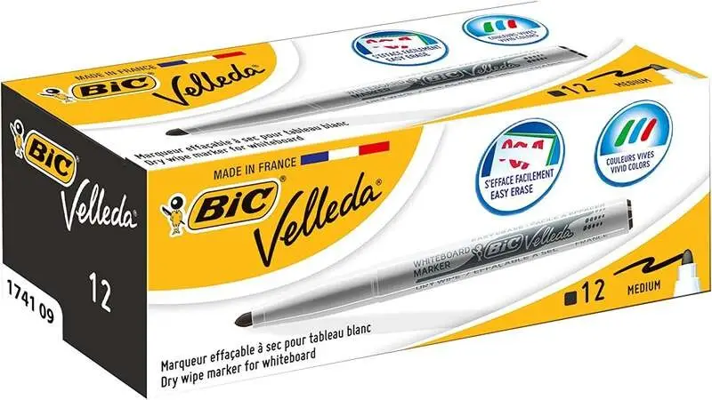 Bic Velleda 1741 Marcador para Pizarra - Punta de 4.5 mm - Color Negro - Caja de 12 unidades
